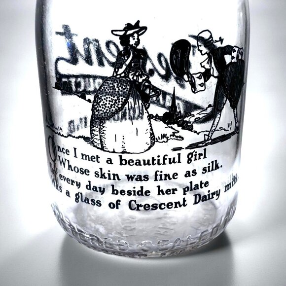 Vintage ACL Crescent Dairy Milk Bottle "It Whips" 1 Quart Glass Clear Black Prin - Picture 3 of 9